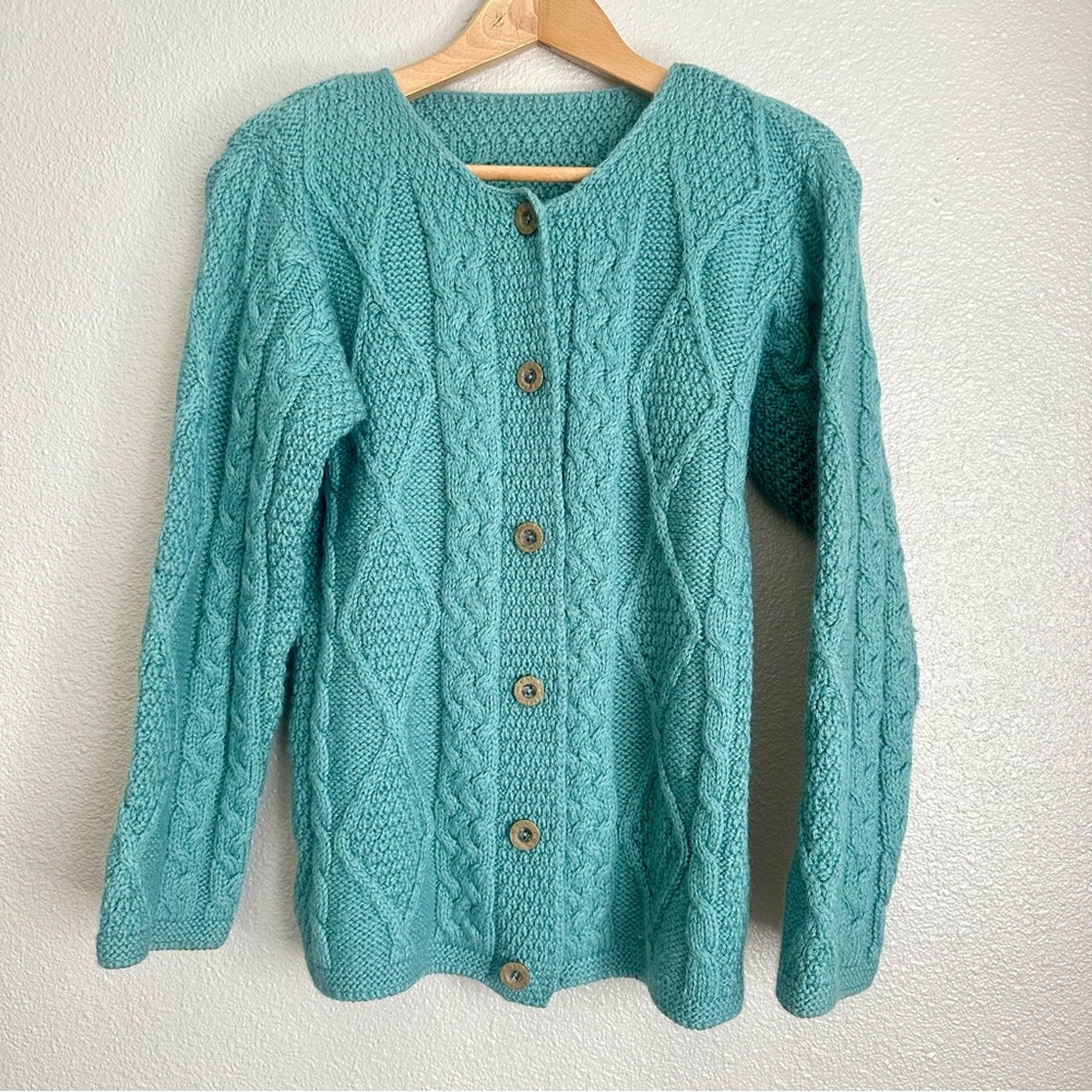 Women’s Handknit Irish Cableknit Cardigan Wool Crewneck Sweater Aqua Teal